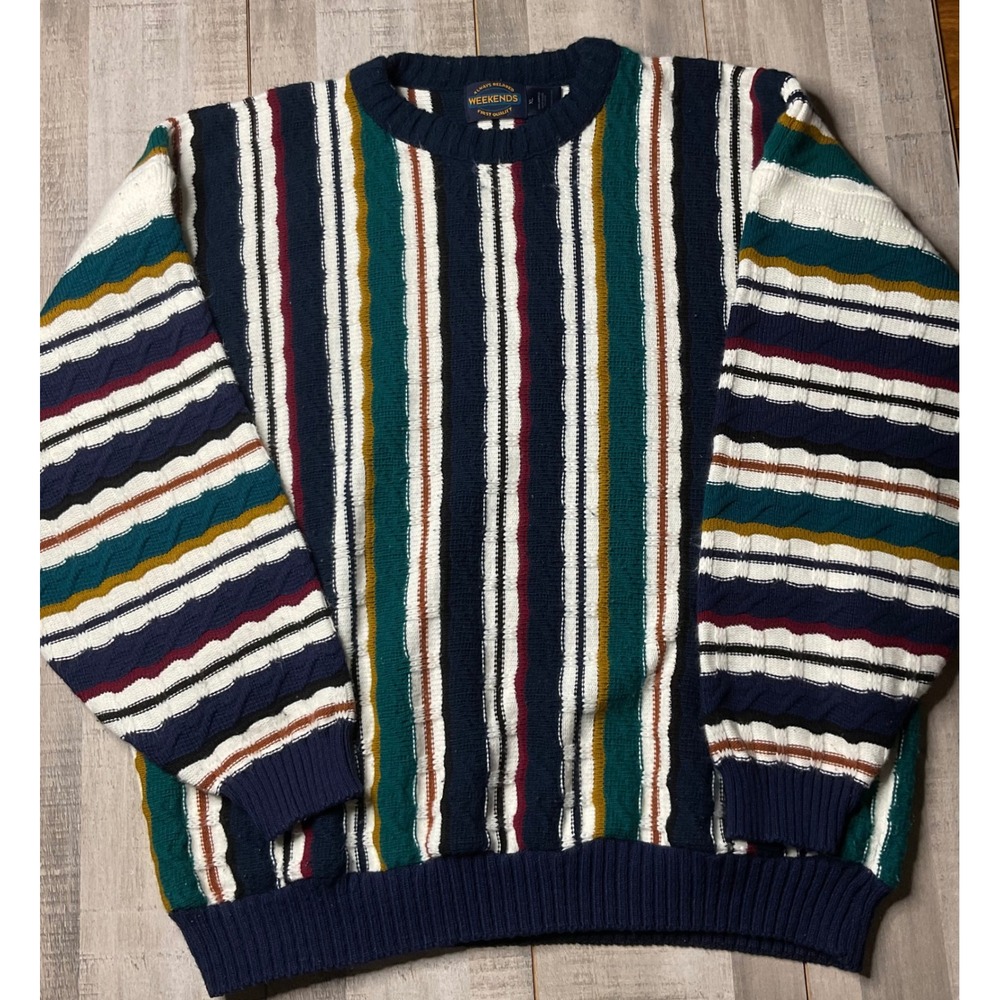 Vintage Weekends Vertical Stripe Cable Knit Sweater Mens XL Made in USA Navy